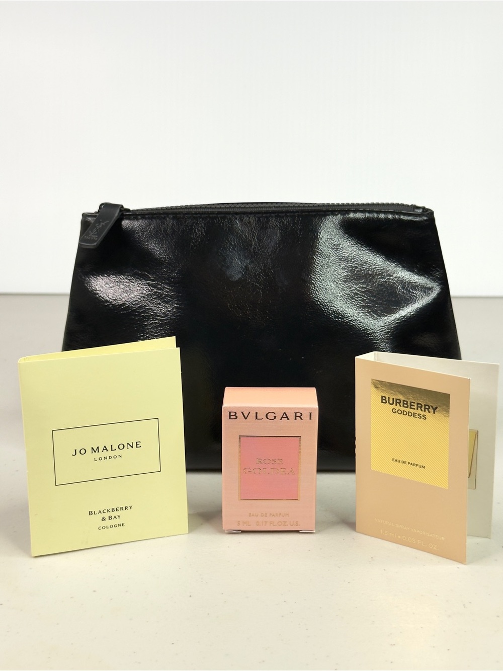 NEW YSL Beauty Black Patent Makeup Bag Cosmetic Pouch + Perfume Bundle
